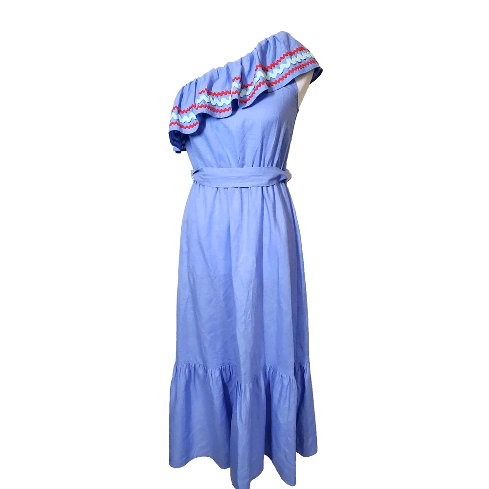 J. CREW Womens XXS One Shoulder Dress Blue Tiered Midi Linen Cotton Ric‎ Rac - Picture 9 of 9